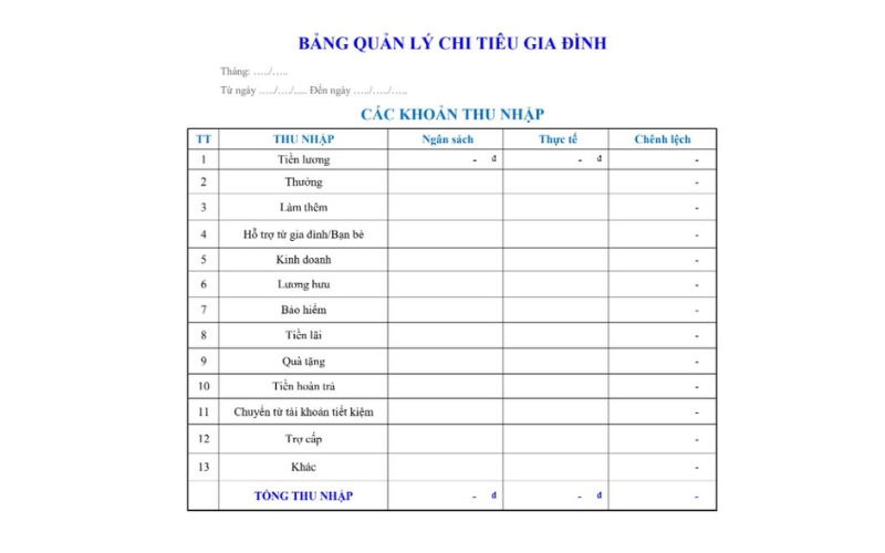 Mẫu file excel quản lý chi tiêu gia đình hàng tháng